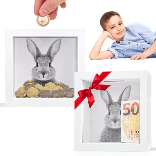 GELOGELO Kinder Spardose Holz Hase – Sparschwein Geldgeschenk Jungen & Mädchen | Geschenk Einschulung, Kommunion, Konfirmation, Geburtstag, Ostern, Weihnachten