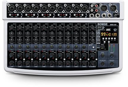 BOMGE Mixeur audio professionnel, 12 canaux, Bluetooth, USB, alimentation 48 V, entrées XLR/RCA, effets DSP