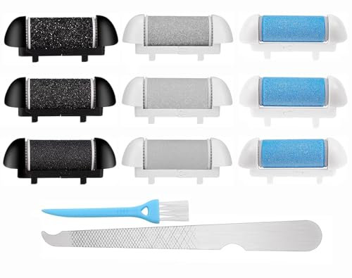 9PCS Replacement Roller Refill Heads for Scholl/Essy/Ratukall Foot File,Electric Foot File Replacement Rollers with 1 Cleaning Brush&1 Nail File, for Removing Calluses,Cracked Heels(Blue, Gray, Black)