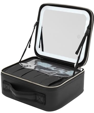 Schminktasche mit Spiegel und Licht Reise Makeup Tasche mit Beleuchtetem Spiegel Verstellbare Trennwand Schmink Tasche 3-Farbige Led-Leuchte Schminkkoffer Schminkkoffer mit Spiegel, Schwarz