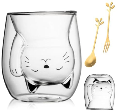 LOMUG Doppelwandige Gläser Katzen Tasse, 200 ml Double-Walled Coffee Glasses Süße Tassen Doppelwandige Isoliergläser, Teeglas Insulated Doppelwandig, Kaffeeteegläser, Doppelwandig Glas