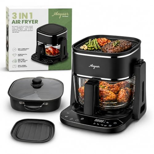 Angaar Korean BBQ Hotpot & Electric Grill, 3-in-1 Tabletop Cooker – 1400W 4.5L Glass Basket, Shabu Shabu, Air Fry & Contact Grill, Ceramic Non-Stick, 60-Min Timer