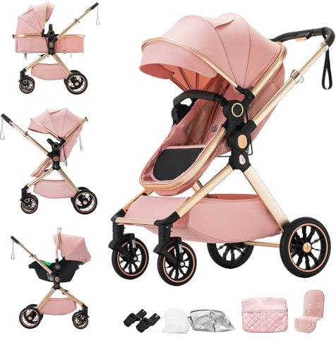 Shineey kinderwagen 3 in 1 Buggy Babybett Leichter Zusammenklappbarer Kinderwagen, 3 in 1 KombiKinderwagen Aluminiumrahmen für Neugeborene (U9-X-PINK, U9-X)