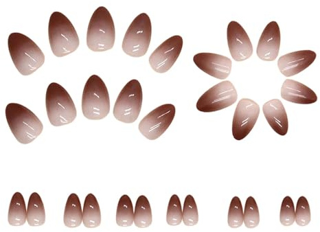 Ombre Brown Press on Nails Short Almond Shape, Short False Nails Press Ons, Natural Nude French Stiletto, Gradient Color Full Cover Glue on Nail for Women Fall Winter, 30 Pcs