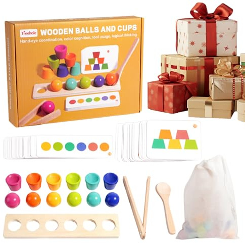 Générique Tri Couleurs 3-5 Ans - Tasses Empilables avec Perles Correspondance | Jeu Éducatif Bois Motricité Fine | Activités Apprentissage avec Pince, Cuillère, Cartes | Cadeau Anniver