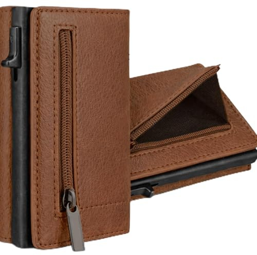 S&T Design Slim Wallet Herren RFID Blocker Kartenetui aus veganem Leder, dünne Herren Geldbörse mit 8 Kartenfächern, minimalistisches Portemonnaie Männer, Cardholder mit Geschenkbox (Braun)