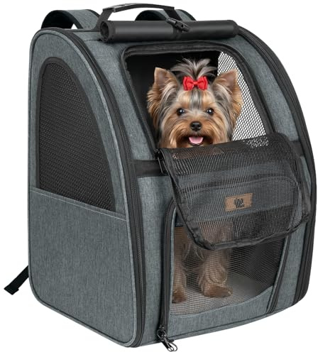 Aystkniet Zaino Trasportino per Cani e Gatti fino a 10 kg, Trasportino Pieghevole con Ventilazione a 270°, 3 Aperture di Accesso, Tenda Coprivista, Fascia per Trolley, per Viaggi
