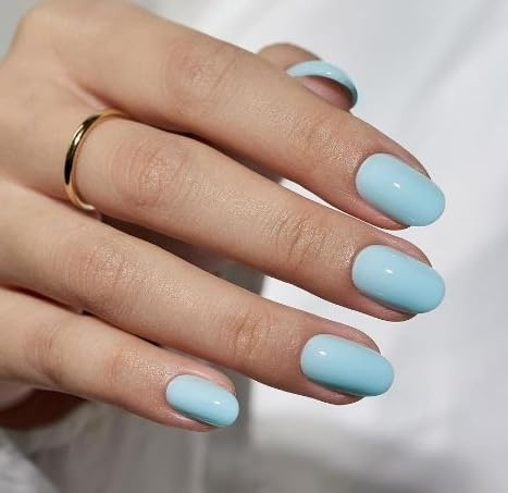 Light Blue Press on Nails Short Oval Solid Fake Nails Blue Designs False Nails Solid Blue Full Cover Glossy for Women Daily Wear Manicure Decoration 24Pcs