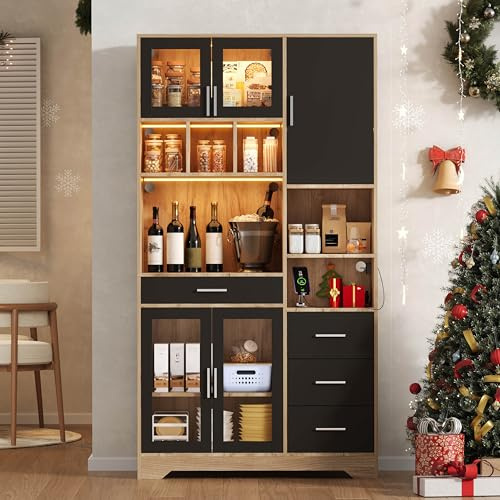Raeln aparador Cocina 185cm alacena de Cocina Vintage Madera Cristal Templado batientes Armario despensa cajones Mixtos Muebles auxiliares estantes Vitrina almacenaje Comedor