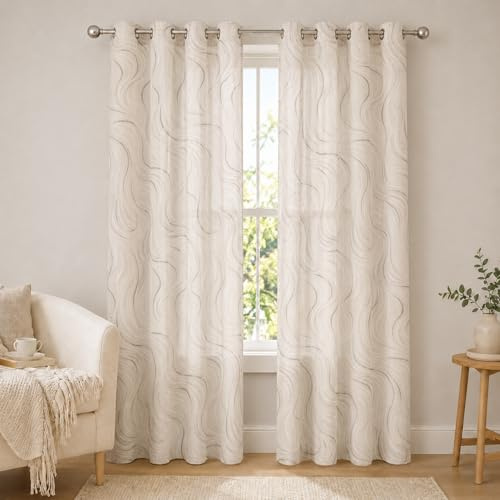 VKZ Coppia di Tende per Interni Semitrasparenti con Occhielli, Effetto Lino, Tende Filtranti Moderne per Soggiorno Camera da Letto Finestra, Motivo Ondulato, 2 Pezzi,beige
