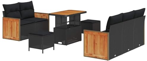 QJBSAVVA Salon de Jardin 8 Pièces en Résine Tressée avec Coussin Ensemble de Canapé d'Extérieur Table Basse et Tabourets pour Terrasse Balcon et Cour Couleur Noir