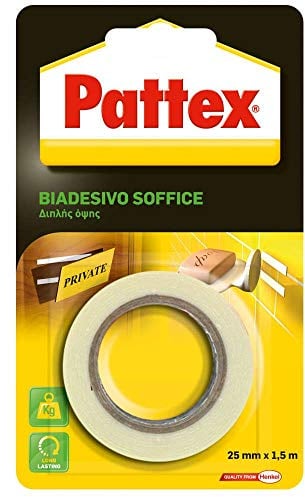 Pattex Biadesivo Soffice, Elevata Tenuta, Ottima Resistenza all'Umidità, Per Accessori in Bagno e Cucina, Montare Specchi a Parete o all'interno di Armadi, 25mmx1,5m