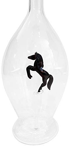 Jarra de cristal claro, decantador, botella, garaffa de vidrio soplado a boca con un cavallo negro de vidrio de color en el interior, parra rellenar, altura circa 30 cm y capacidad 0,5 litro, diseñado y fabricado por la Oberstdorfer Glashütte