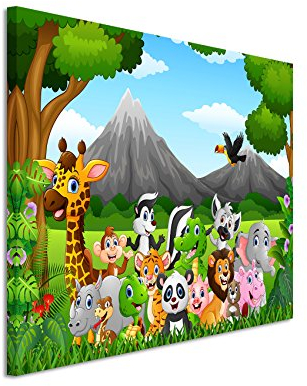 Paul Sinus Art XXL Fotoleinwand 120x80cm Cartoon Zeichnung – Wilde Tiere im Dschungel auf Leinwand exklusives Wandbild moderne Fotografie für ihre Wand in vielen Größen