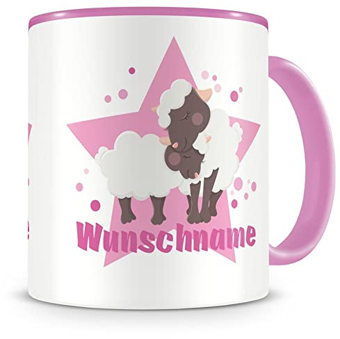 Samunshi® Kindertasse mit Namen Tasse Kuschelnde Schafe Personalisierte Tasse mit Namen Kinder Kinderbecher personalisierter Text Namenstasse Kindergarten rosa 300ml