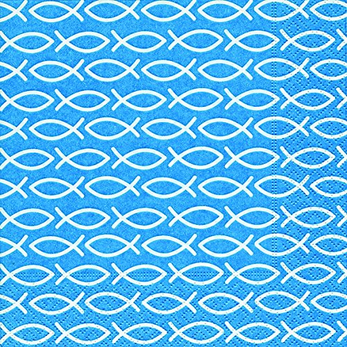 20 Serviette Religiöse Fische blau Ichthys Kommunion Konfirmation 33x33 cm, 3-lagig, 1/4 gefaltet auf 16,5x16,5 cm