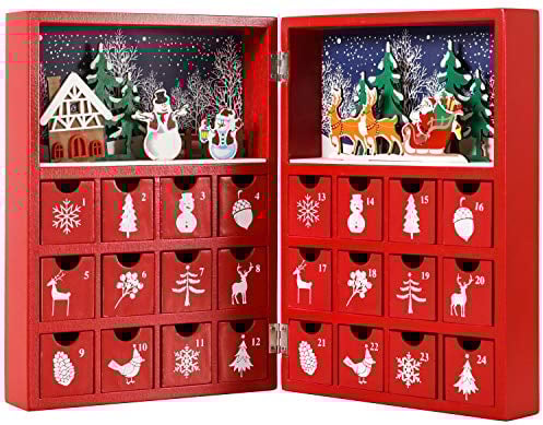 BRUBAKER Adventskalender aus Holz zum Befüllen - Rotes Weihnachtsbuch mit 24 Türchen - Wiederverwendbarer DIY Weihnachtskalender 21 x 9 x 30 cm