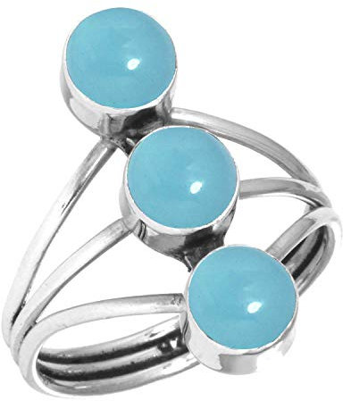 Jeweloporium Blauer Chalcedon Silberring Größe 56 (17,8), 925 Sterling Silber Ring für Damen, Runder Stein Boho Schmuck