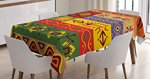 ABAKUHAUS afrikanisch Tischdecke, West-Folk, Pflegeleicht Waschbar Schmutzabweisend und mit Klaren Farben Hochwertiger Druck, 140 x 240 cm, Orange Grün Gelb