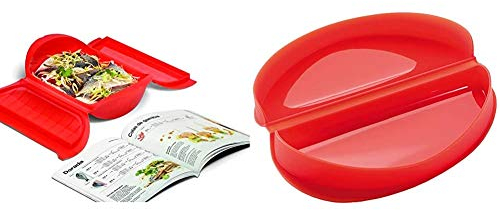 Lékué - Kit Estuche de vapor 3,4 personas + libro de recetas, 1400 ml, Silicona + - Recipiente para cocinar tortillas francesas en microondas, color rojo
