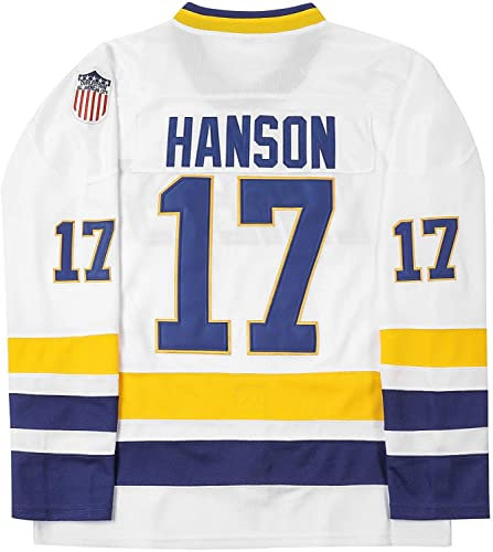 Hanson Brothers Charlestown Chiefs Slap Shot Moive Hockey-Trikot, genähte Buchstaben und Zahlen, S-XXXL, 17#Weiß, L