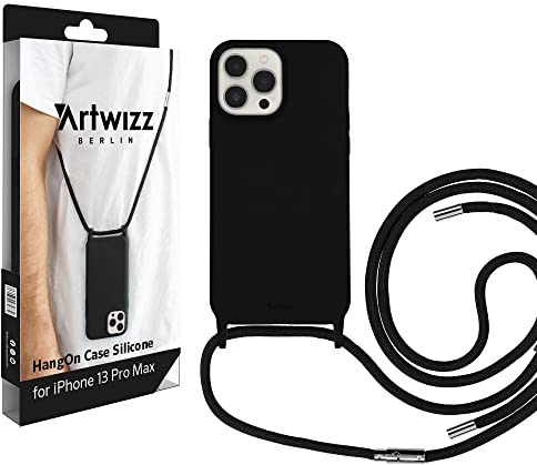 Artwizz HangOn Case kompatibel mit iPhone 13 Pro Max - Elastische Schutzhülle aus Silikon als Handykette zum Umhängen mit Band - Schwarz