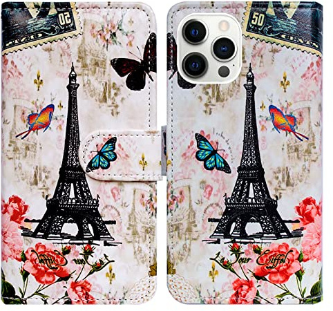 Bcov Case for iPhone 13 Pro, Paris Tower Butterfly Leather Flip Phone Case Wallet Cover with Card Slot Holder Kickstand For iPhone 13 Pro
