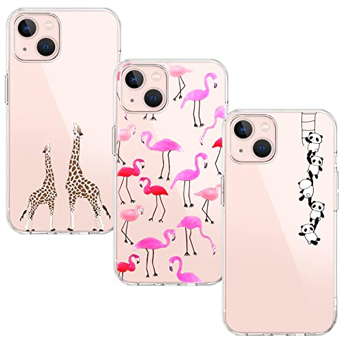 BAOWEI [3-Stück] Kompatibel mit iPhone 13 Hülle, Silikon Durchsichtig Handyhülle mit Süße Muster Schutzhülle - Giraffe, Flamingo & Panda