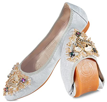 MACHSWON Womens Folding Pumps Roll up Wedding Dress Shoes Foldable Bling Ballet Flats with Beautiful Rhinestone Portable Ladies Slip On Loafers(Silver, Size 6)