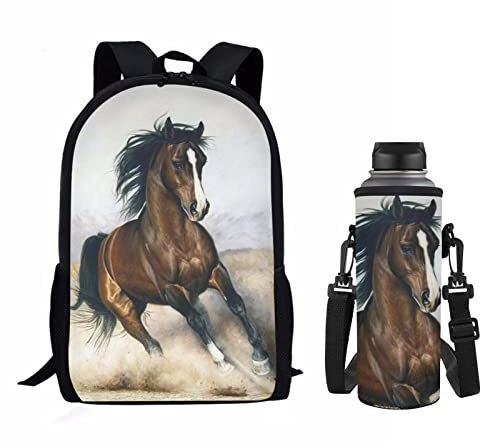 Jndtueit Running Horse Print Kids School Bag Set with Water Bottle Sleeve Bag,Teenager Girls Boys Durable Backpack Durable Light Bookbag