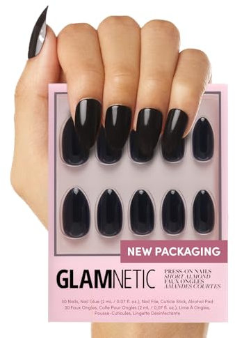 Glamnetic Press On Nails - Boba | Opaque Black Short Almond Nails, Reusable | 12 Sizes - 24 Nail Kit