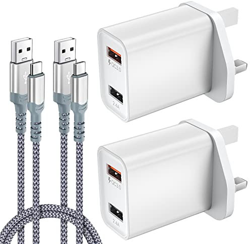 Abetcabe 2 Pack USB Plug Charger, Total 30W Quick 3.0 Fast Charger Plug UK [QC 18W+2.4A 12W] w/ 6FT USB C Cable, Dual USB Charger Comp w/ Samsung Galaxy S22 S21 S20, Huawei,Sony, Google, LG (White)