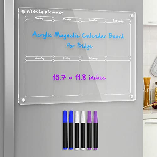 NPPLUS Acrylic Magnetic Dry Erase Board Calendar for Fridge, Magnetic Weekly Calendar for Refrigerator, Reusable Clear Acrylic Calendar Planner Board Includes 6 Markers with 3 Colors(15.7x11.8)