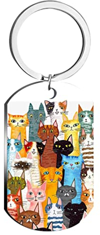 Gelb&Schwarz Ketten Feile Beliebte Farbdruck Modeschmuck Cartoon Katze Halskette Schlüsselanhänger Grill Anhänger (B, One Size)