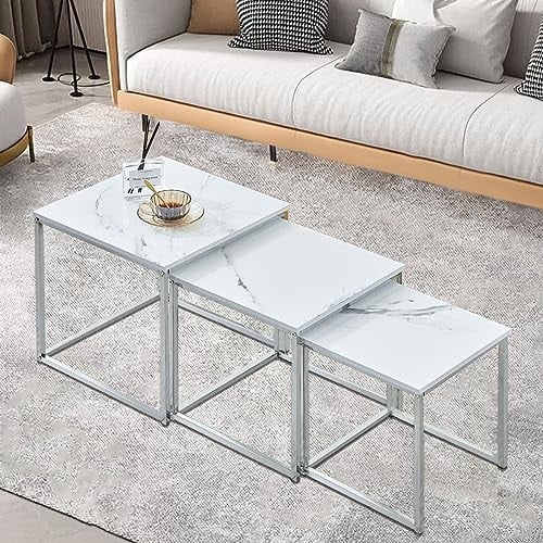 nozama Marble Nest of Tables Set of 3,Gloss White Nesting Tables,Sofa End Side Coffee Table for Small Space Living Room Bedroom