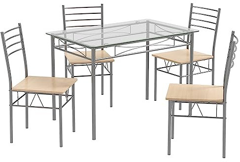 RELAX4LIFE Ensemble Table à Manger avec 4 Chaises à Dossier Haut, Table Salle à Manger en Verre 107X70X76 CM avec Cadre en Métal, Style Moderne pour Salle à Manger Salon Cuisine