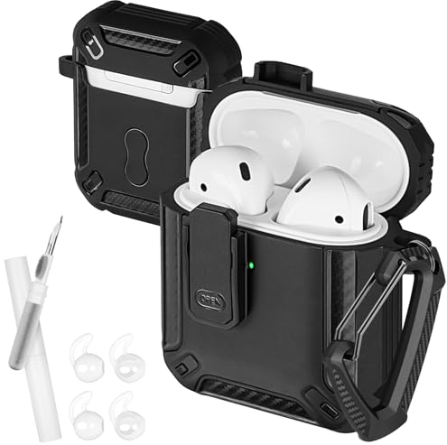 AXFEE AirPods 2nd/1st Hülle Schutzhülle mit Reinigungsset, Airpods 2/1 Hülle, Militärische Hartschalen-Schutzhülle mit Schloss für AirPod 2 Ladehülle, Vordere LED Sichtbar, Schwarz(Karabiner)