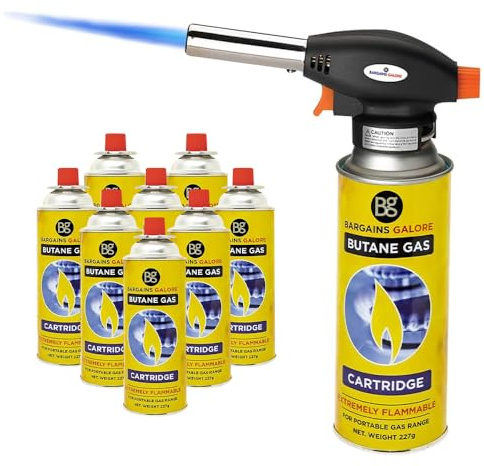 Blow Torch with Butane Gas Bottles - for Camping, Cooking, Kitchen, BBQ, Desserts, Creme Brulee | Flamethrower Welding Refill Auto Ignition Soldering Weed Burning (Blow Torch + 8 Gas Bottles)