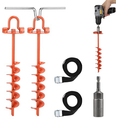 DBREAKS Ancoraggi a Terra per Trampolino, 2 Pezzi Kit di Ancoraggio a Spirale con Adattatore+Cinghia Regolabile+Aiuto a Vite, Fondo di Fissaggio per Trampolino, l’Altalena, Tende