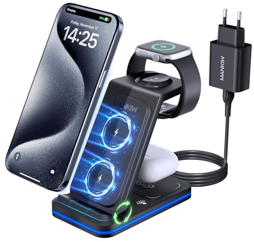 MANKIW Ladestation für iPhone, 3 in 1 Ladestation für iPhone und iWatch,Kompatibel mit iPhone 16/15/14/13/12/11/X Serie, Apple-Watch 10/9/8/7/6/5/4/3/2/SE, AirPods 4/3/2/Pro