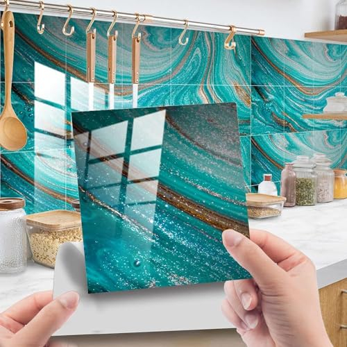 Hiser Fliesenaufkleber 15x15 cm, 20 Stück Marmorierung Wandaufkleber PVC Wasserdicht Ölfest Fliesensticker, Fliesen-Folie Selbstklebend Mosaik Deko für Küche, Schrank, Möbel, Tisch, Badezimmer(Blau)