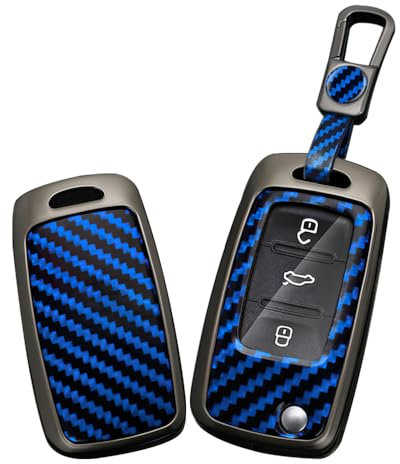 TECART Klapp Autoschlüssel Hülle cover Passt für VW Caddy Jetta Bora Beetle EOS Golf 4 5 6 Polo Passat 3BG 3B Scirocco Touran PVC Schlüsselanhänger Keyless Go Schutz 3 Taste Kohlefaser B Blau