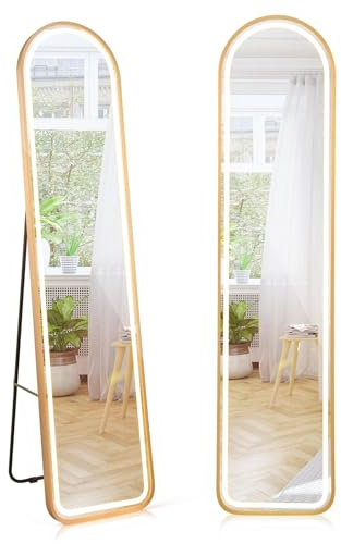 RELAX4LIFE Grand Miroir sur Pied LED avec Éclairage 3 Couleurs, Intensité Variable, Miroir Mural Arqué avec Cadre en Aluminium, Grand Miroir Doré pour Chambre Entrée Couloir, 155X37 CM