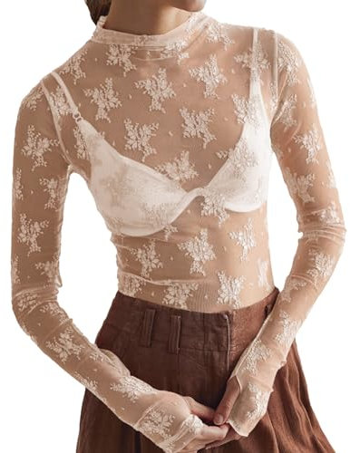 Mesh Sexy Tops for Women Lace Long Sleeve Tops Floral Sheer Blouse See Through Layering Shirts (M, Apricot)