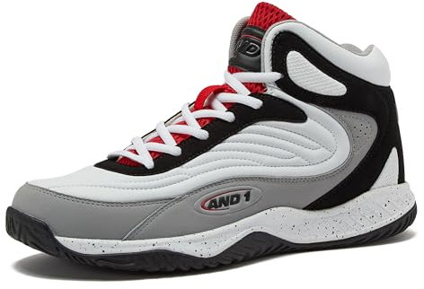 AND1 Pulse 3.0 Basketballschuhe für Herren, drinnen oder draußen, Street oder Court Basketball-Sneaker für Herren, Schwarz, Rot oder Weiß, Größe 40 bis 48, Weiß/Mittelgrau/Schwarz, 13 Women/11.5 Men