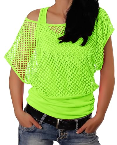 Netzoberteil Damen Netz Top Netzshirt 80er Jahre Outfits T Shirt Sommer Kurzarm Oberteile Karneval Kostüm Fasching Motto Party Tops Netztop Netzhemd Netzpullover Fischernetz Shirts