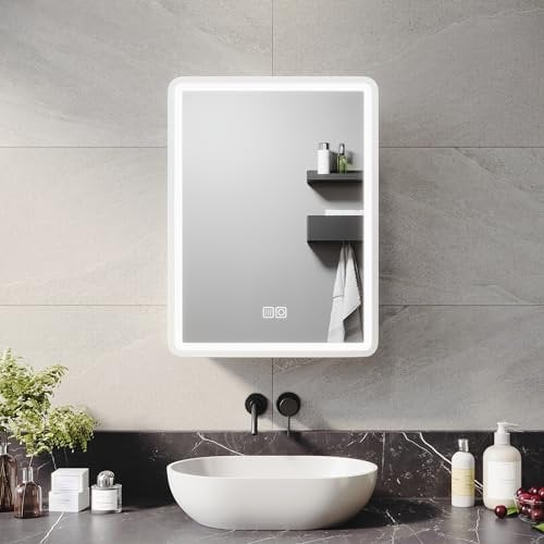 ELEGANT LED Bathroom Mirror Cabinet with Shaver Socket, Wall Mounted Bathroom Mirror Cabinet with Touch Button 3 Colour Light and Demister Stainless Steel Bathroom Mirror Cabinet 450x600mm White