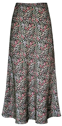 Outoshe Women's Satin High Waisted Maxi Skirts Hidden Elasticized Waistband A Line Long Skirt, Black Flower, M