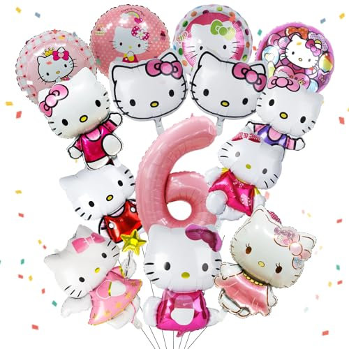 Ki-tty Geburtstagsdeko 6 Jahre, 14 Stücke Kity Luftballon Geburtstag, Kity Themed Geburtstag Dekorationen, Kity Folien Ballon, Kity Ballon Deko Geburtstag, Kindergeburtstag Deko Mädchen