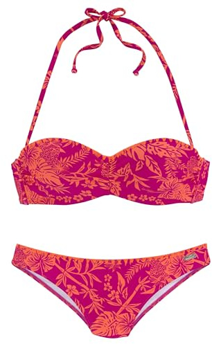 Venice Beach Damen Bügel-Bandeau-Bikini Alloverprint und Häkelkante, wattierte Cups mit Kissen, abnehmbare Träger, elastisches Material
